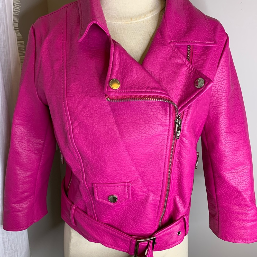 Hot Fuschia Pink Cropped Leather Moto Jacket